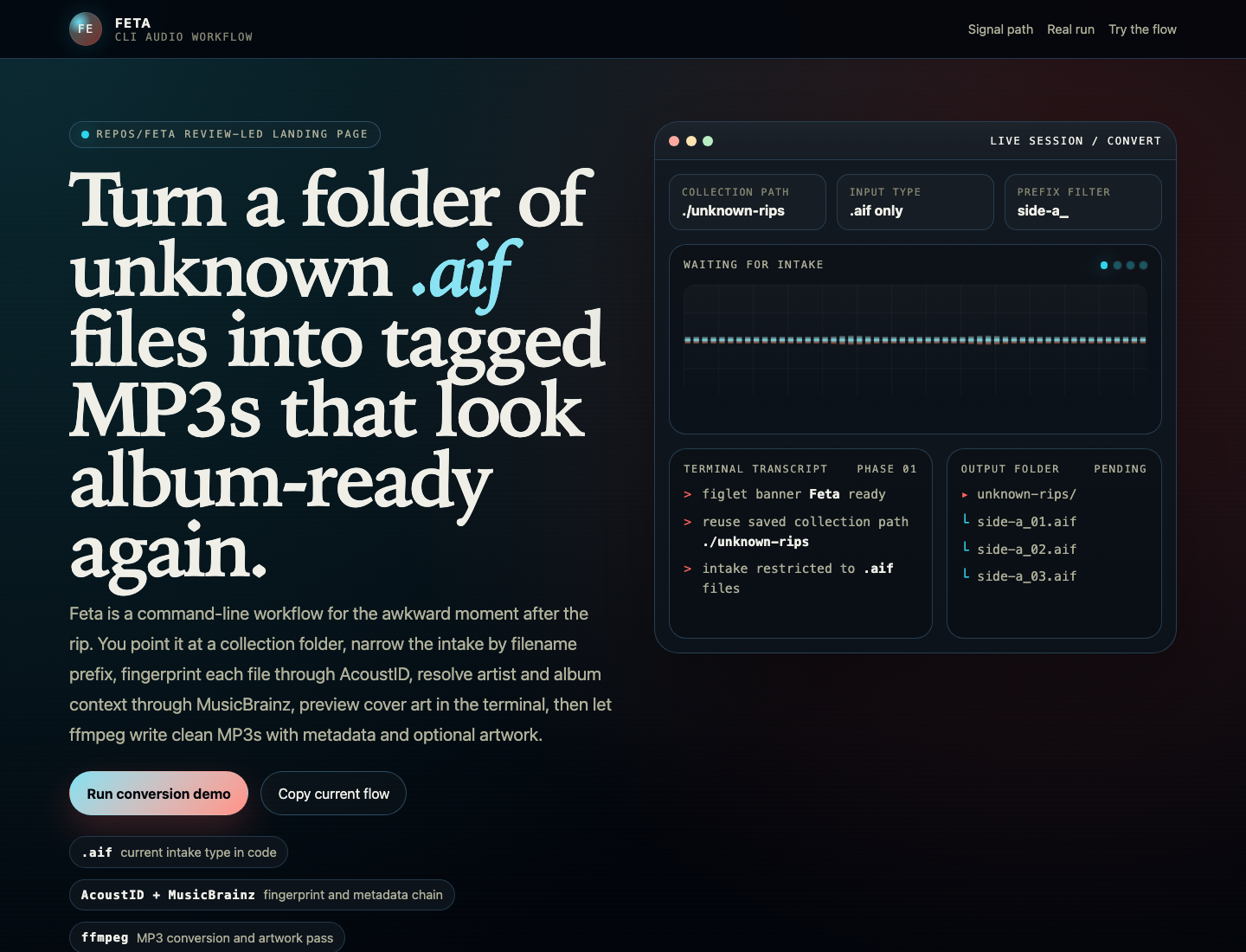 Feta landing page preview showing the CLI audio workflow hero
